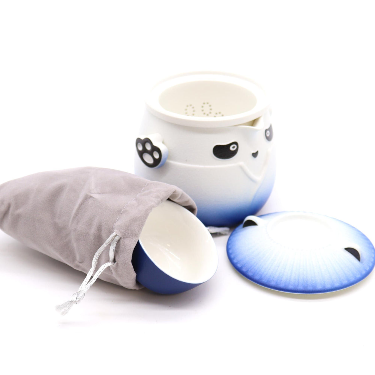 Panda-Teekannen-Set mit 3 Tassen – Himmelblau