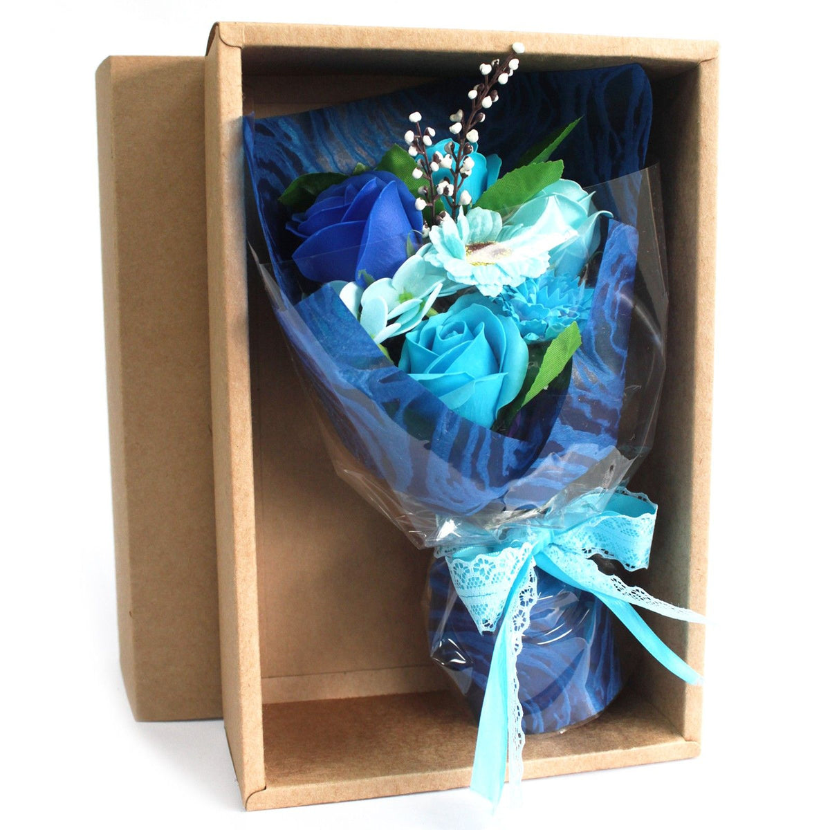 Geschenkstrauß aus Seifenblumen in einer Box – Blau