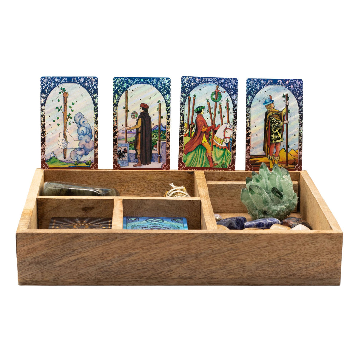 Tarot-Organizer aus Mangoholz – vier Fächer