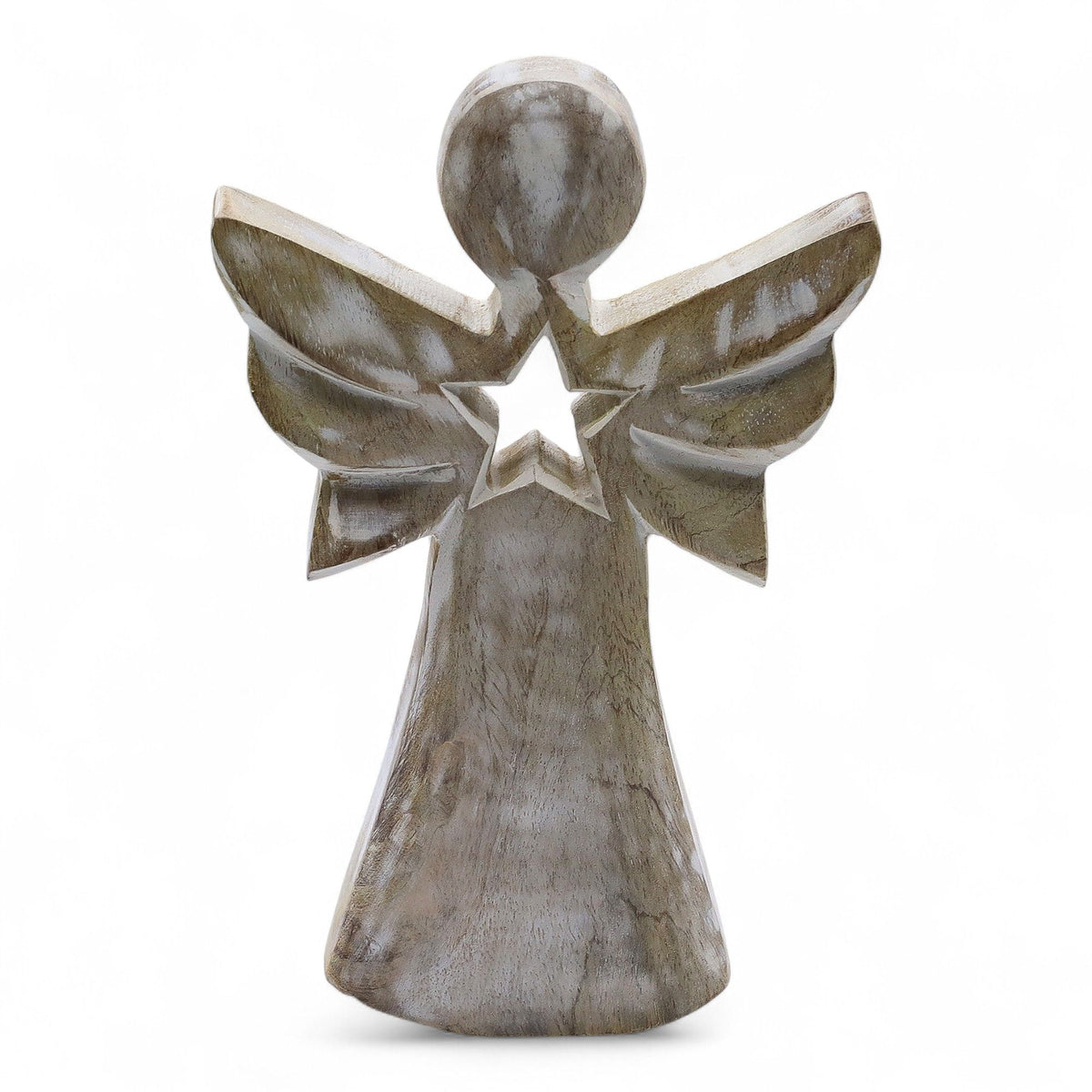 Engel aus Mangoholz – Weiß gewaschen mit Sternausschnitt – 18 cm