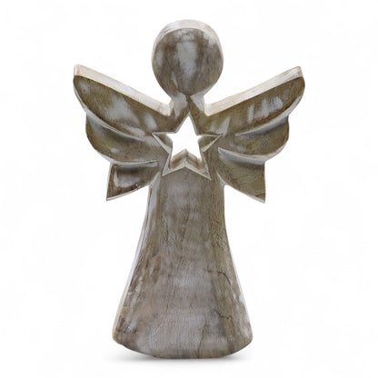 Engel aus Mangoholz – Weiß gewaschen mit Sternausschnitt – 18 cm