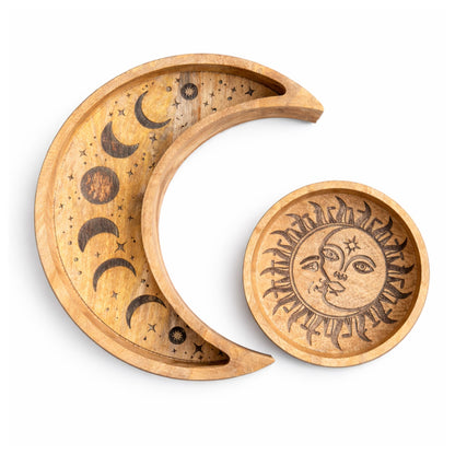Set aus zwei Holztabletts – Sonne und Mond