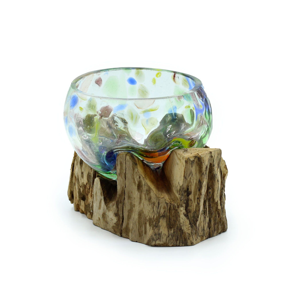 Bunte Glasschale auf Holz – klein