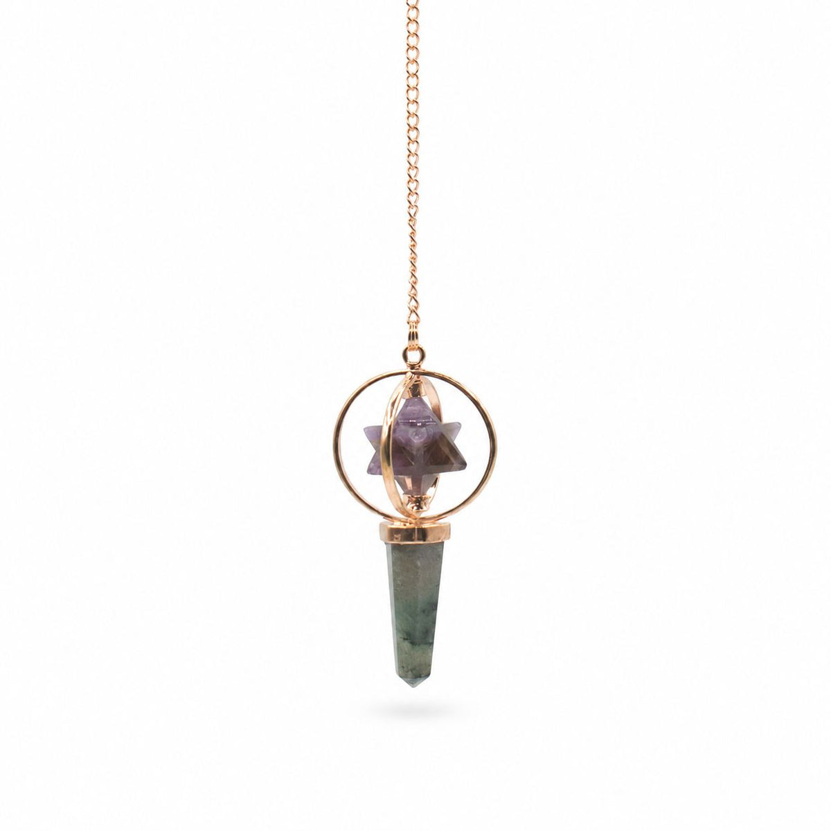 Kosmisches Navigator-Pendel mit Merkaba-Drehstern – Amethyst und Labradorit.