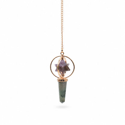 Kosmisches Navigator-Pendel mit Merkaba-Drehstern – Amethyst und Labradorit.