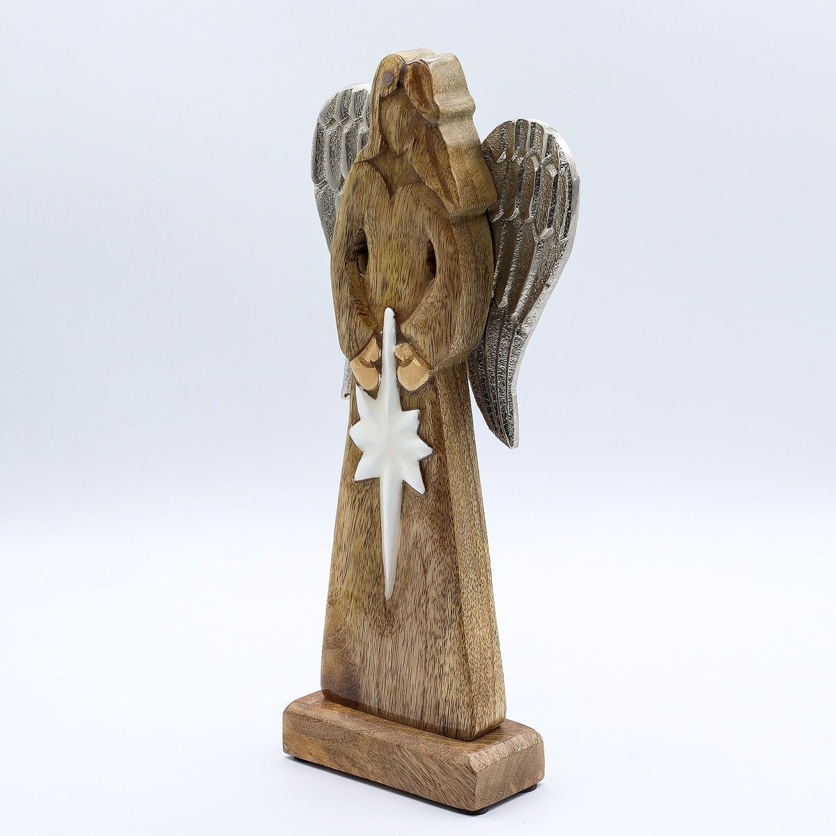 Großer Friedensengel aus Mangoholz mit Metallflügeln und Emaille-Details – 30 cm