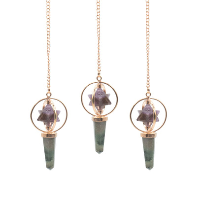 Kosmisches Navigator-Pendel mit Merkaba-Drehstern – Amethyst und Labradorit.