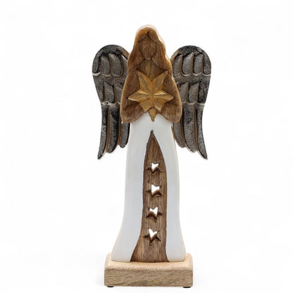 Großer Sternengel aus Mangoholz mit Metallflügeln und Emaille-Details – 30 cm