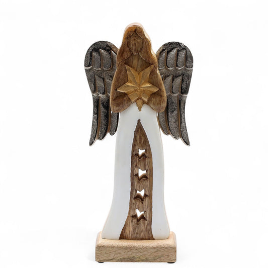 Großer Sternengel aus Mangoholz mit Metallflügeln und Emaille-Details – 30 cm