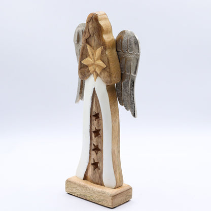 Großer Sternengel aus Mangoholz mit Metallflügeln und Emaille-Details – 30 cm