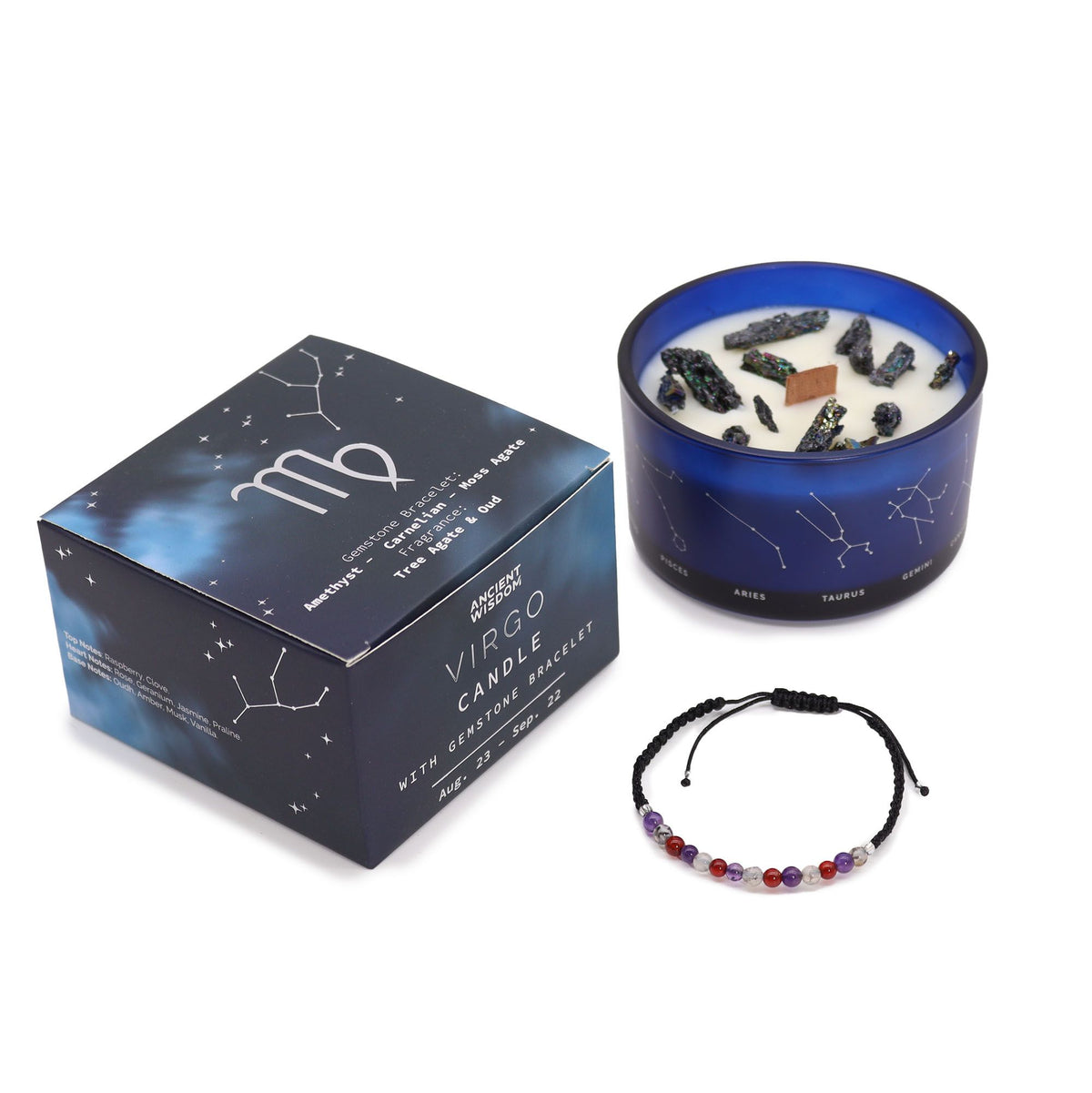Sternzeichen-Kristallkerze mit Edelsteinarmband und Kartenlegung – Jungfrau